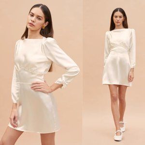 Reformation Rudi Silk Mini Dress Ivory Keyhole Tie At Back Puffed Shoulder Sz 6